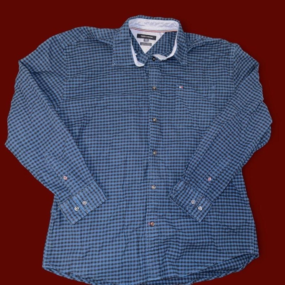 Tommy Hilfiger Classic Fit Stretch Blue & Black Check Button Down Shirt Men's XL